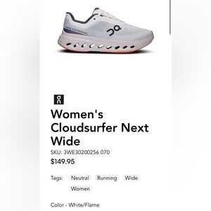 On Cloudsurfer Next Wide Womens Sz 9.5W White/Flame Store Return With Box. LKNW